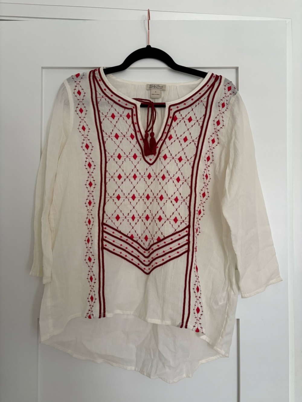 Embroidered Ivory Top with Red Accents